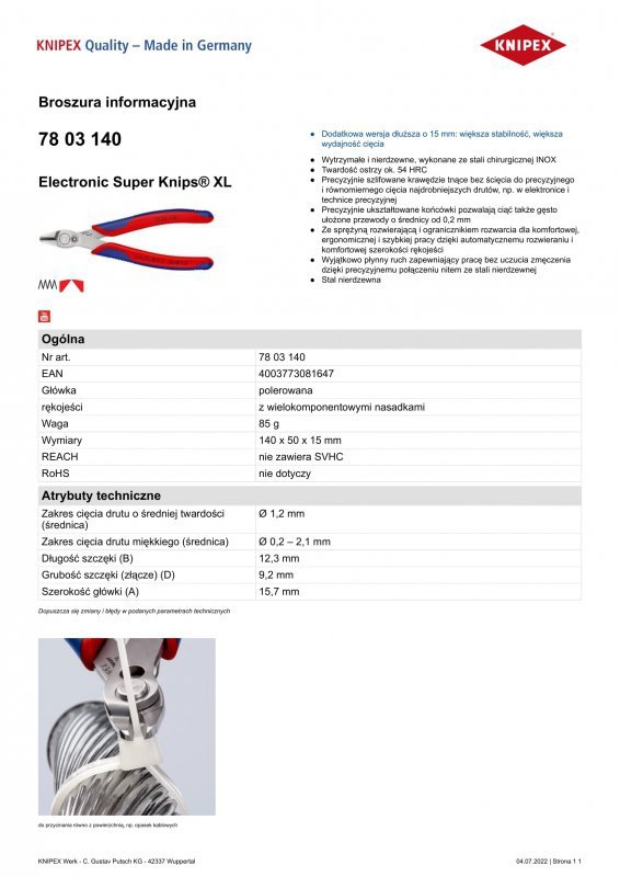 SZCZYPCE DO CIĘCIA 140MM ELECTRONIC SUPER KNIPS XL (1 SZT)