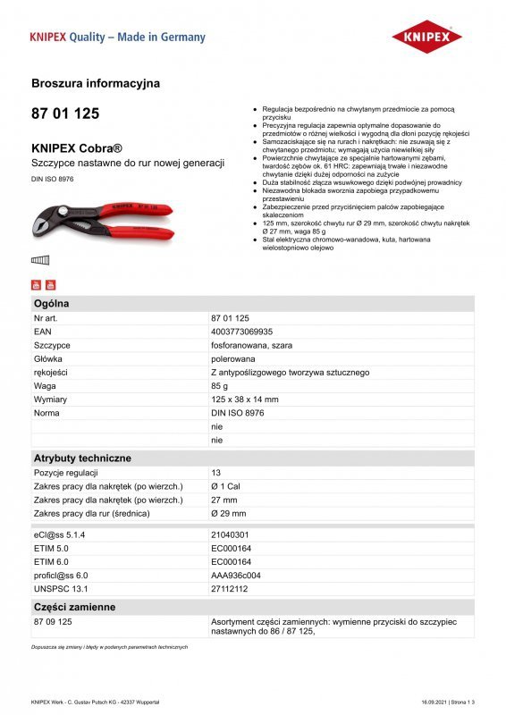 SZCZYPCE DO RUR COBRA 125MM (1 SZT)