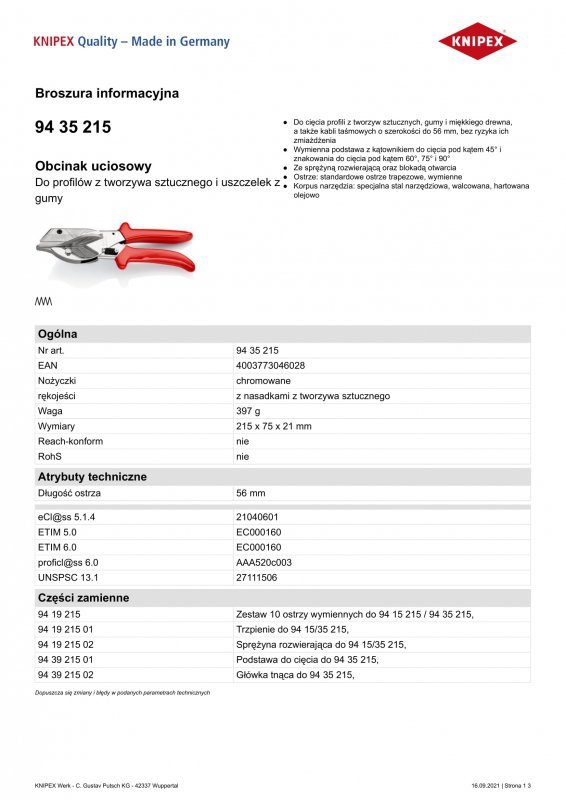 OBCINAK UCIOSOWY DO PROFILI Z TWORZYWA SZTUCZNEGO 215MM (1 SZT)