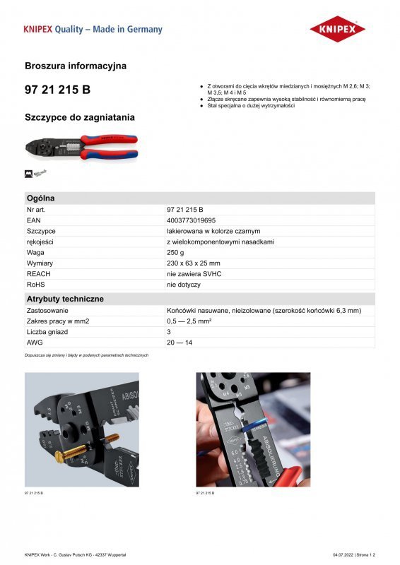 SZCZYPCE DO ZAGNIATANIA ZŁĄCZEK KABLOWYCH 0,5-2,5 MM (1 SZT)
