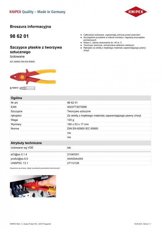 SZCZYPCE PŁASKIE Z TWORZYWA SZTUCZNEGO IZOLOWANE 180MM (1 SZT)