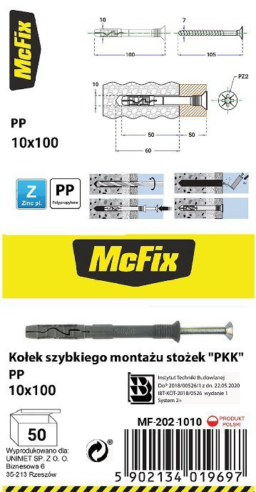 KOŁEK SZYBKI MONTAŻ STOŻEK PP 10*100MM (1 STO)