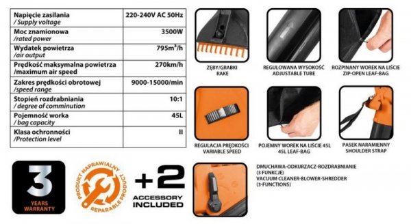 ODKURZACZ OGRODOWY 3500W WOREK 45L (1 SZT)