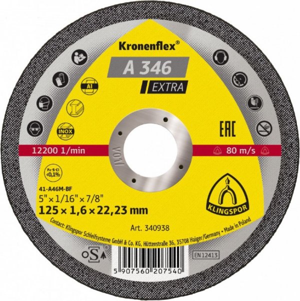 TARCZA PŁASKA A46EX/A345EX T1A 125*1.6*22 340938 (1 SZT)