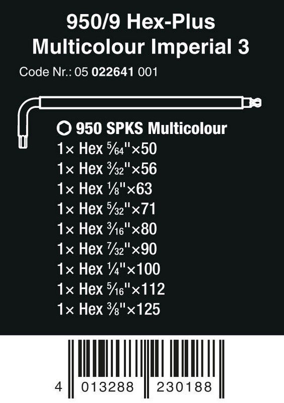 ZESTAW KLUCZY TRZPIENIOWYCH 950/9 HEX-PLUS MULTICOLOU 9CZR (1 KPL)