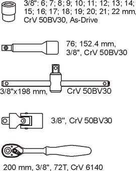 WKŁAD DO SZUFLADY ZESTAW KLUCZY NASADOWYCH 3/8&#039;&#039; 22 CZĘŚCI (1 KPL)