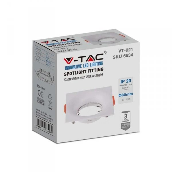 Oczko V-TAC GU10 Wpuszczane Kwadrat Białe VT-921-W 3 Lata Gwarancji