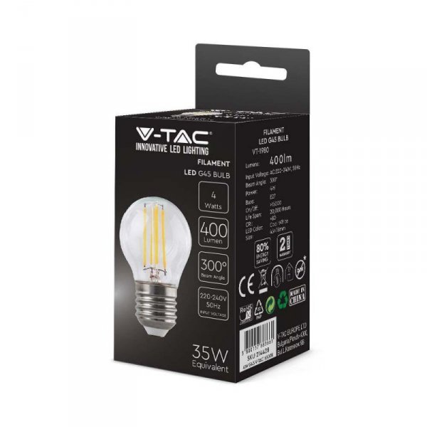 Żarówka LED V-TAC 4W Filament E27 G45 P45 Kulka VT-1980 6500K 400lm