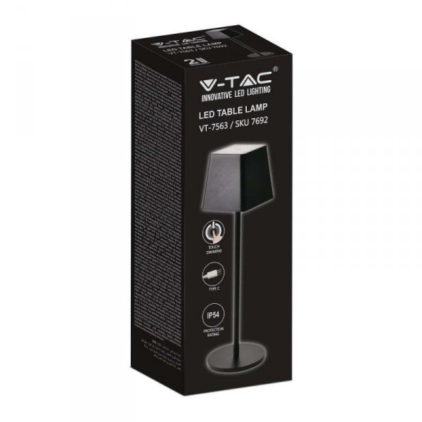 Lampka Biurkowa Nocna V-TAC 2W LED Ładowanie Ściemnianie IP54 Czarna VT-7563 3000K 200lm
