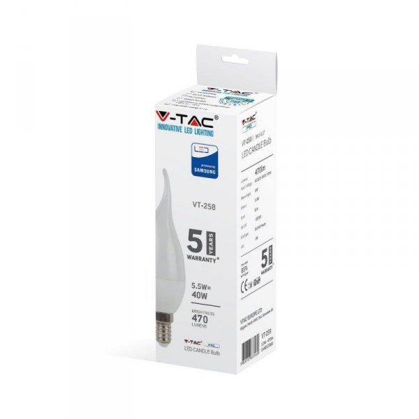 Żarówka LED V-TAC SAMSUNG CHIP 5.5W E14 Świeczka Płomyk VT-258 6400K 470lm 5 Lat Gwarancji