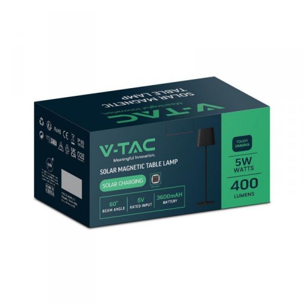 Lampka Biurkowa Nocna Solarna V-TAC 5W CCT LED 35cm Ładowanie USB-C Ściemnianie Czarna VT-10116 3000K-6000K 400lm