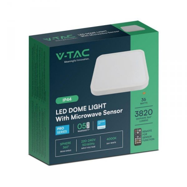 Plafon V-TAC 36W LED SAMSUNG CHIP Kwadrat 42x42cm Natynkowy Pilot Czujnik Ruchu IP44 Biały VT-8630S 4000K 3820lm 5 Lat Gwarancji