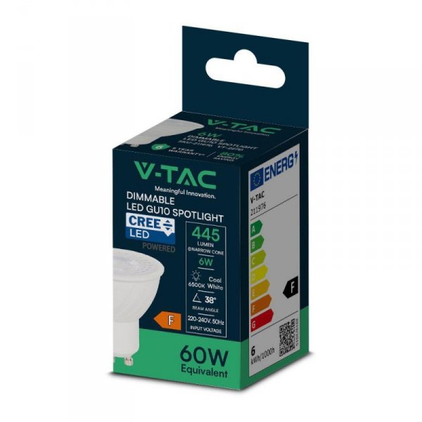 Żarówka LED V-TAC CREE CHIP 6W GU10 38st ściemnialna VT-227D 6500K 445lm 6 Lat Gwarancji