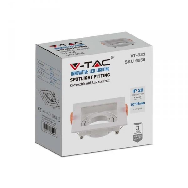Oczko V-TAC GU10 Wpuszczane Kwadrat Białe VT-933-W 3 Lata Gwarancji