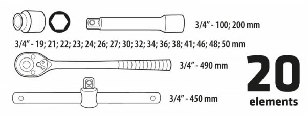 Klucze nasadowe 3/4&quot;, zestaw 20 szt.