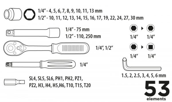 Zestaw kluczy nasadowych 1/4&quot;, 1/2&quot;, 53 szt.