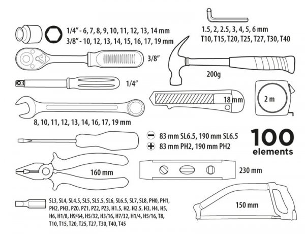 Zestaw narzędziowy 1/4&quot;, 3/8&quot;, 100 szt.