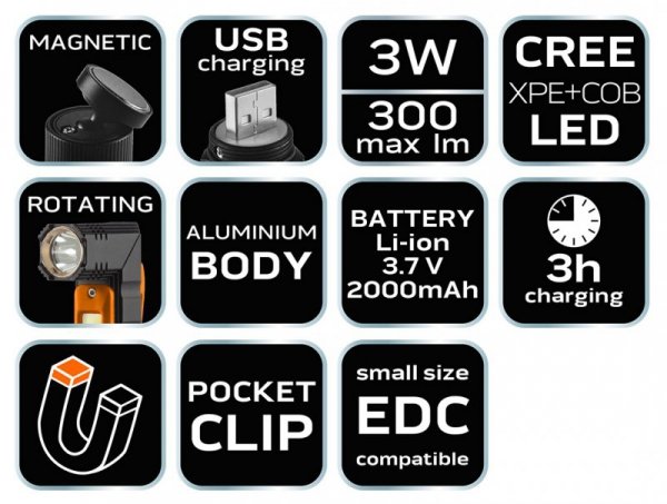 Latarka akumulatorowa USB  300 lm 2 w 1 CREE XPE + COB LED