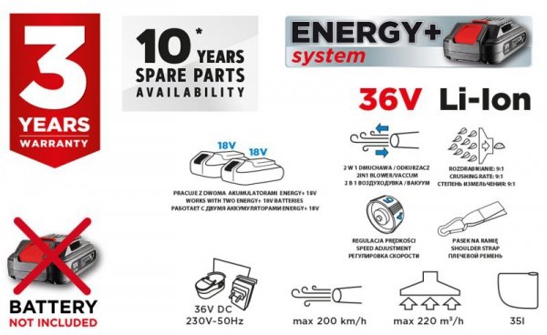 Odkurzacz ogrodowy akumulatorowy Energy+ 36V Li-lon, 2w1, pojemność worka 35L, bez akumulatora