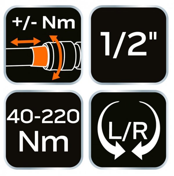 Klucz dynamometryczny dwukierunkowy 1/2&quot;, 40 - 220 Nm