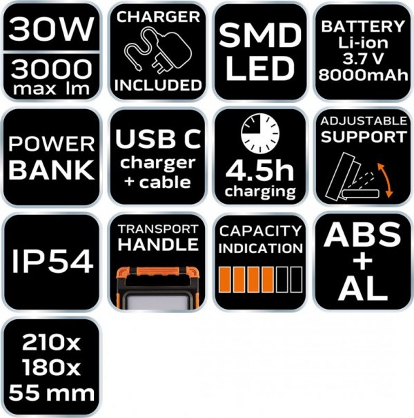 Naświetlacz akumulatorowy 3000 lm SMD LED