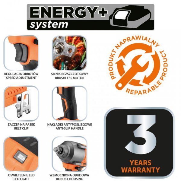 Klucz udarowy bezszczotkowy 18V, 850Nm, ½”, Energy+, bez akumulatora