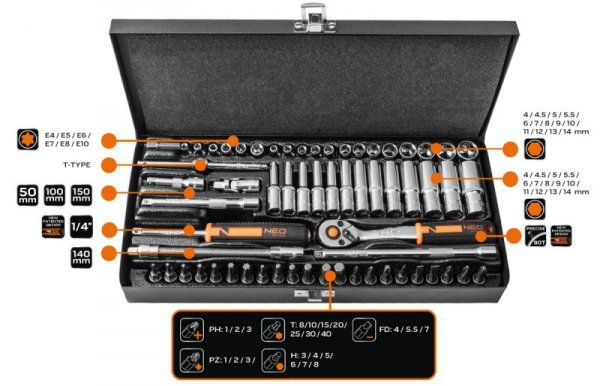 Klucze nasadowe 1/4&quot;, zestaw 63 szt.