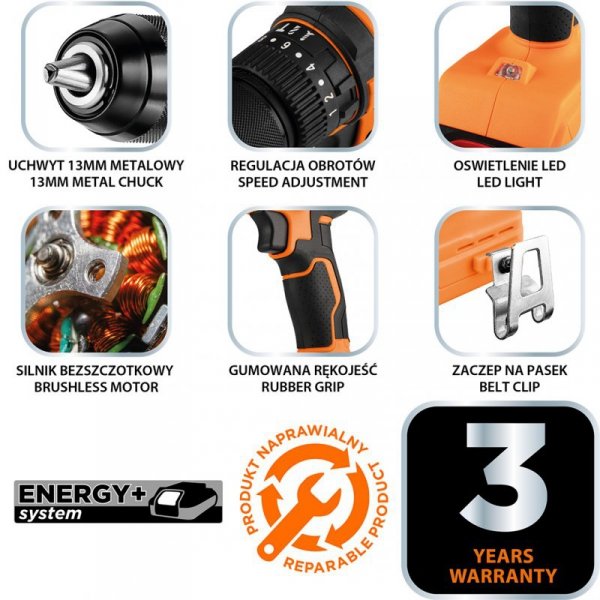 Wiertarko-wkrętarka udarowa bezszczotkowa 18V, uchwyt 13mm, compact, Energy+, bez akumulatora