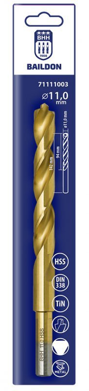 Wiertło do metalu Baildon DIN 338 RN 11 mm, HSS TiN (S), 142-94 mm (chwyt 3-płaszczyznowy)