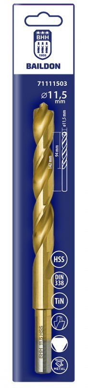 Wiertło do metalu Baildon DIN 338 RN 11,5 mm, HSS TiN (S), 142-94 mm (chwyt 3-płaszczyznowy)