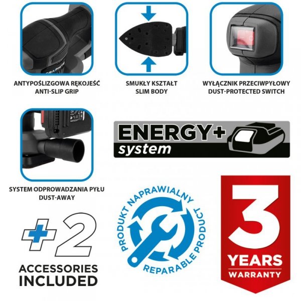 Szlifierka oscylacyjna DELTA Energy+ 18V, bez akumulatora