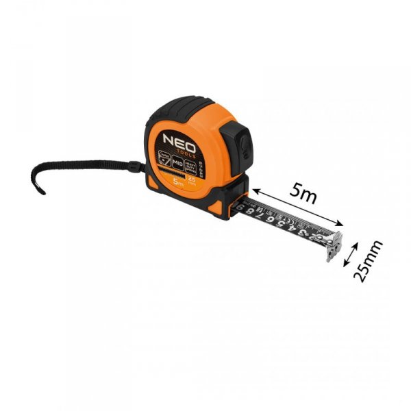 Miara zwijana stalowa Super Black 5 m x 25 mm, auto blokada, dwa przyciski stop, magnes
