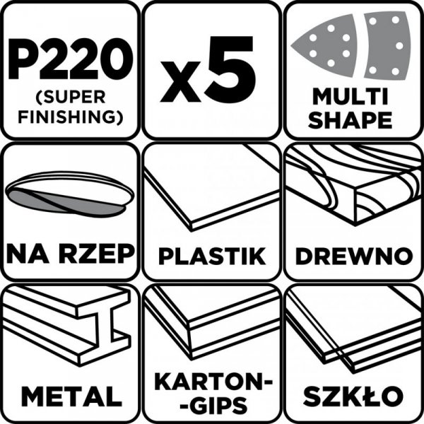 Papiery ścierne na rzep, żelazko 102 x 152 mm, P220, 5 szt., z 11 otworami