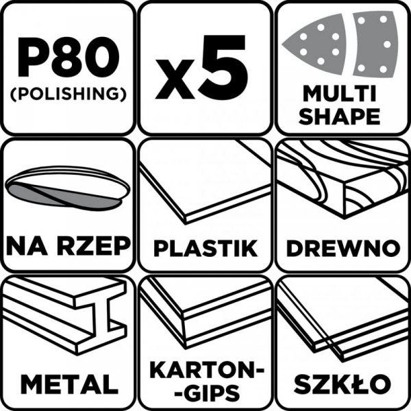Papiery ścierne na rzep, żelazko 102 x 152 mm, P80, 5 szt., z 11 otworami