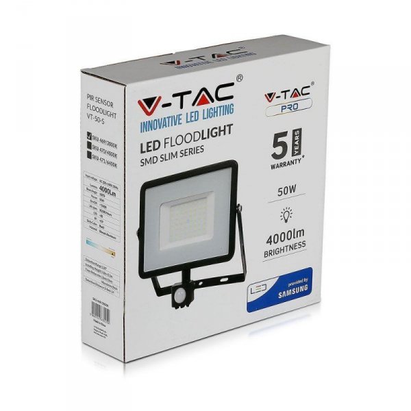 Projektor LED V-TAC 50W SAMSUNG CHIP Czujnik Ruchu Funkcja Cut-OFF Czarny VT-50-S 6400K 4000lm 5 Lat Gwarancji