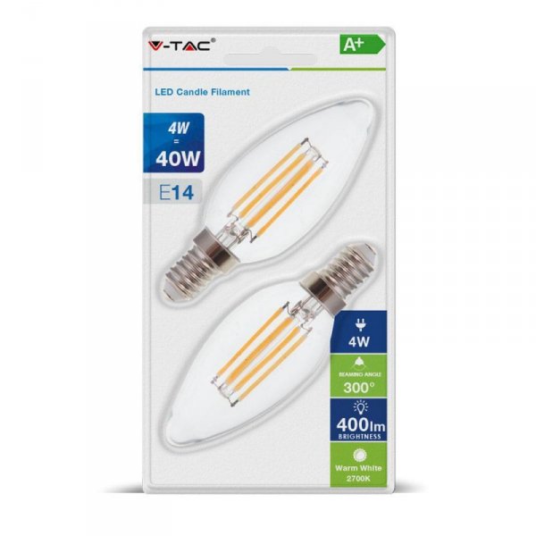 Żarówka LED V-TAC 4W Filament E14 Świeczka (Blister 2szt) VT-2174 2700K 400lm 2 Lata Gwarancji