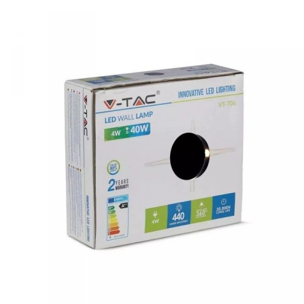 Oprawa Ścienna V-TAC 4W LED IP65 Czarna Okrągła VT-706 4000K 440lm 2 Lata Gwarancji