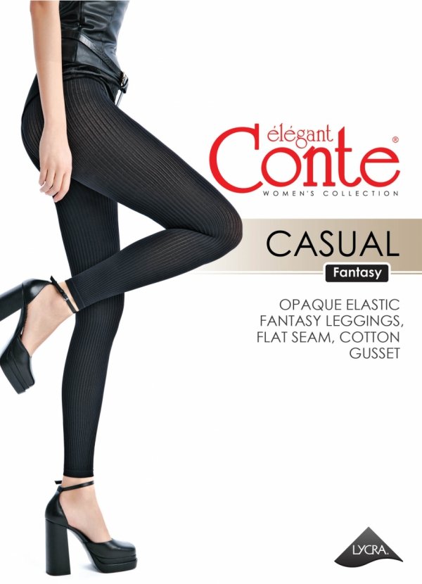 Legginsy Conte Casual – grube 100 den, prążkowane, z matowym wykończeniem. Idealne na co dzień i do eleganckich stylizacji. Płaski szew i bawełniany klin zapewniają wygodę noszenia.