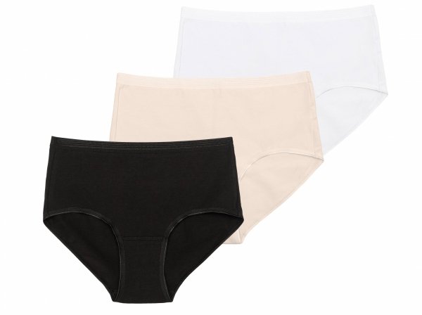 Trzy pary majtek Conte LB 2016 w kolorach: czarnym, beżowym i białym, ułożone płasko. Klasyczny, minimalistyczny design oraz różnorodność kolorów sprawiają, że są uniwersalne i idealne do codziennego noszenia.