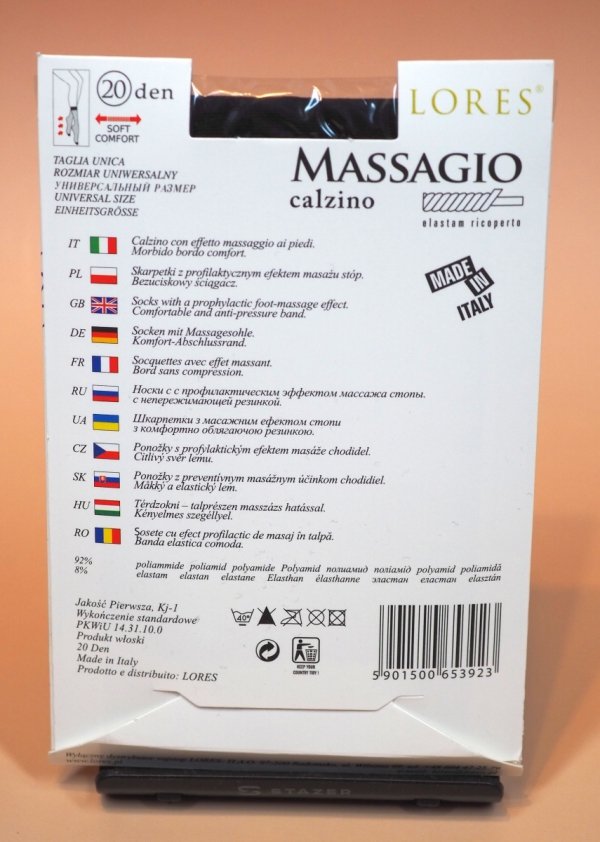Lores Massaggio 20 Den to damskie skarpetki z masującą podeszwą, które świetnie sprawdzają się podczas intensywnego dnia. Są lekkie, eleganckie, wytrzymałe i stworzone z myślą o codziennym komforcie użytkowania.