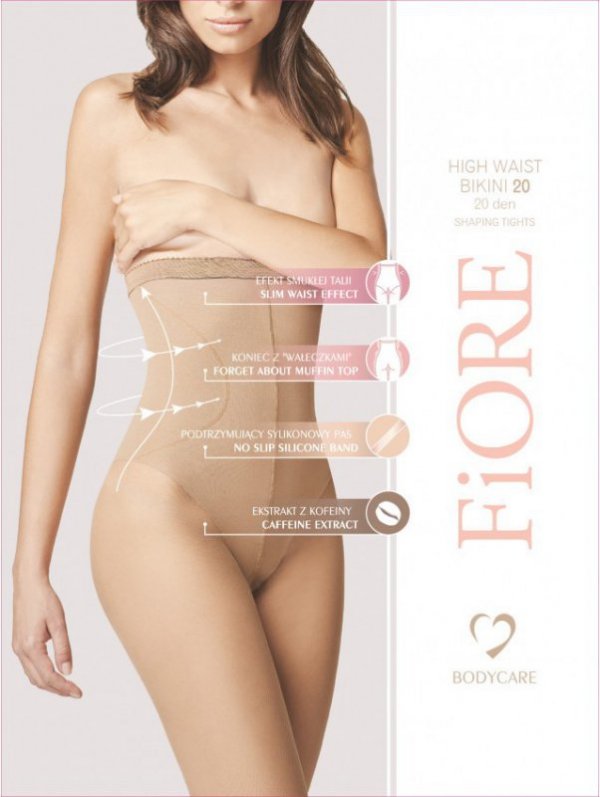 High Waist Bikini 20 Den – rajstopy od Fiore z wysokim stanem, wysmuklające sylwetkę. Dzięki technologii Silver Fresh skóra pozostaje świeża, a wzmocniona część majteczkowa zwiększa trwałość.