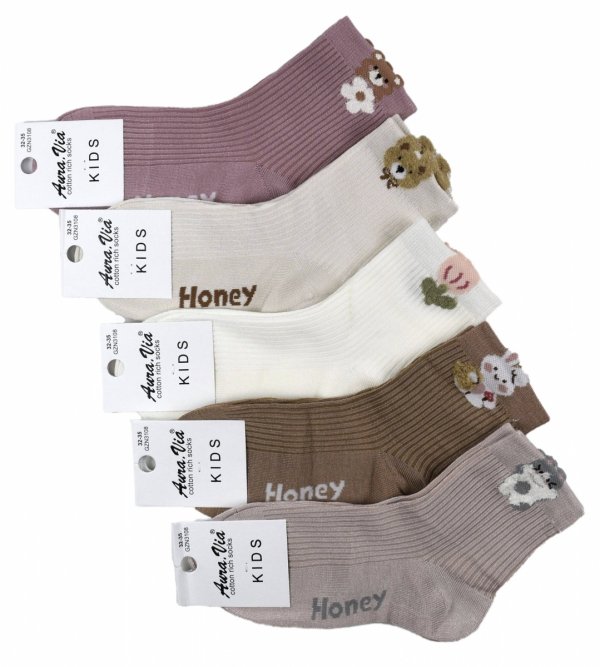 Zestaw 5 par dziewczęcych skarpetek prążkowanych nad kostkę. Bawełna, pastelowe kolory i urocze wzory – misie, króliczki, kwiatki i napis „Honey”. Komfort i styl każdego dnia.