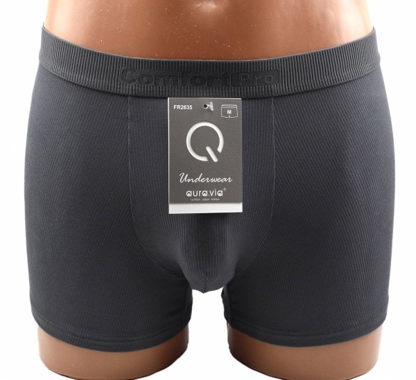Grafitowe bokserki bambusowe Aura.Via Comfort Pro zapewniają miękkość, świeżość i elegancki wygląd. Prążkowana struktura zwiększa dopasowanie, a elastyczny pas gwarantuje wygodę przez cały dzień.
