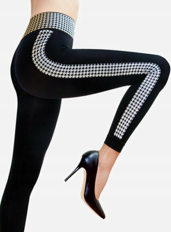 PEPITKA wraca! Legginsy PIED de POULE z szerokim pasem i lampasami wysmuklającymi. Mikrofibra 3D, 90 den – matowa, elastyczna, nieprześwitująca. Idealne do biura i po pracy. Łatwo łączą się z oversize’ową marynarką.