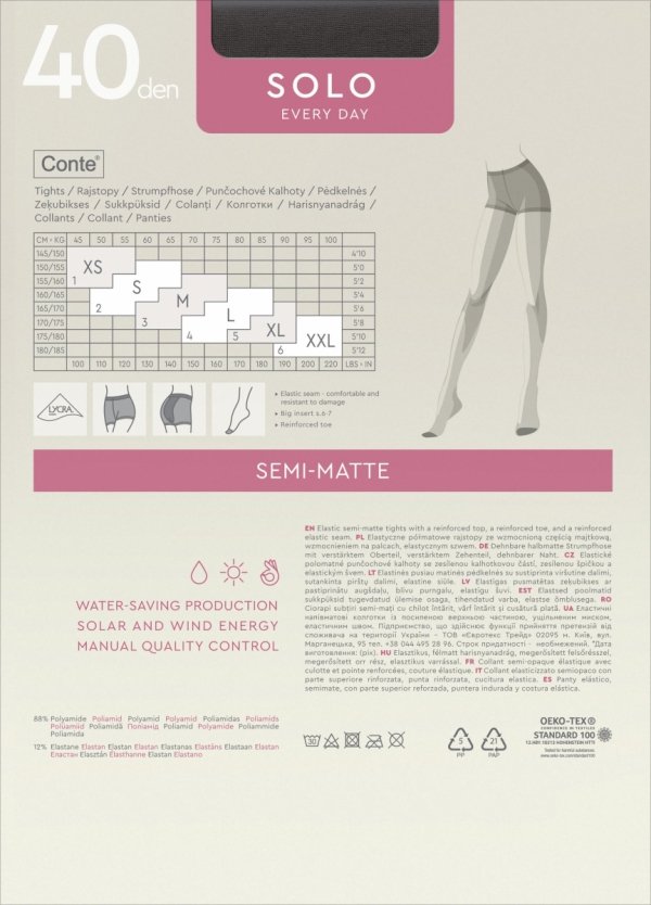 Rajstopy Conte SOLO 40 DEN to doskonały wybór do biura i codziennych stylizacji. Półmatowy materiał pięknie wygładza nogi, a elastyczne włókna LYCRA dopasowują się do sylwetki bez ucisku.