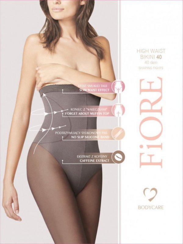 Rajstopy Fiore High Waist Bikini 40 Den wyszczuplają talię i brzuch. Dzięki technologii Silver Fresh utrzymują świeżość skóry, a kofeina działa antycellulitowo. Wzmocniona część majteczkowa i bawełniany klin zapewniają wygodę.