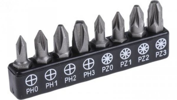 Zestaw końcówek, materiał Stal chromowo-molibdenowo-wanadowa, PH0 do PH3, PZ0 do PZ3, 8 szt.