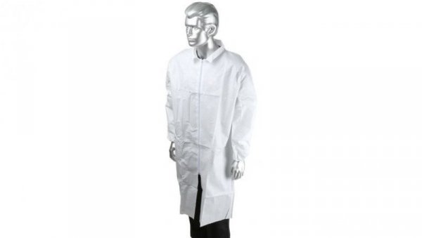 Fartuch laboratoryjny, Unisex, Biały, rozmiar: L, Pomieszczenia sterylne, Zamek błyskawiczny, Polipropylenowe,