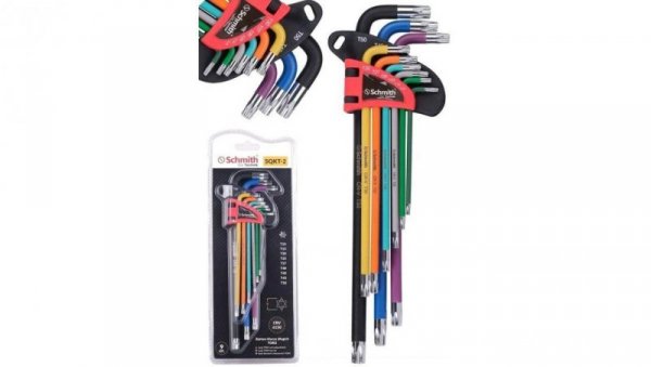 Klucze TORX zestaw 9szt. długie T10-T50 imbus z otworem kolorowy - Schmith