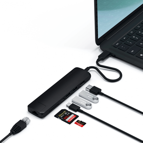 Satechi USB-C Slim Multiport Ethernet HUB - HDMI 4K / USB 3.0 / USB-C(PD) / microSD / SD / Ethernet / Black (czarny)